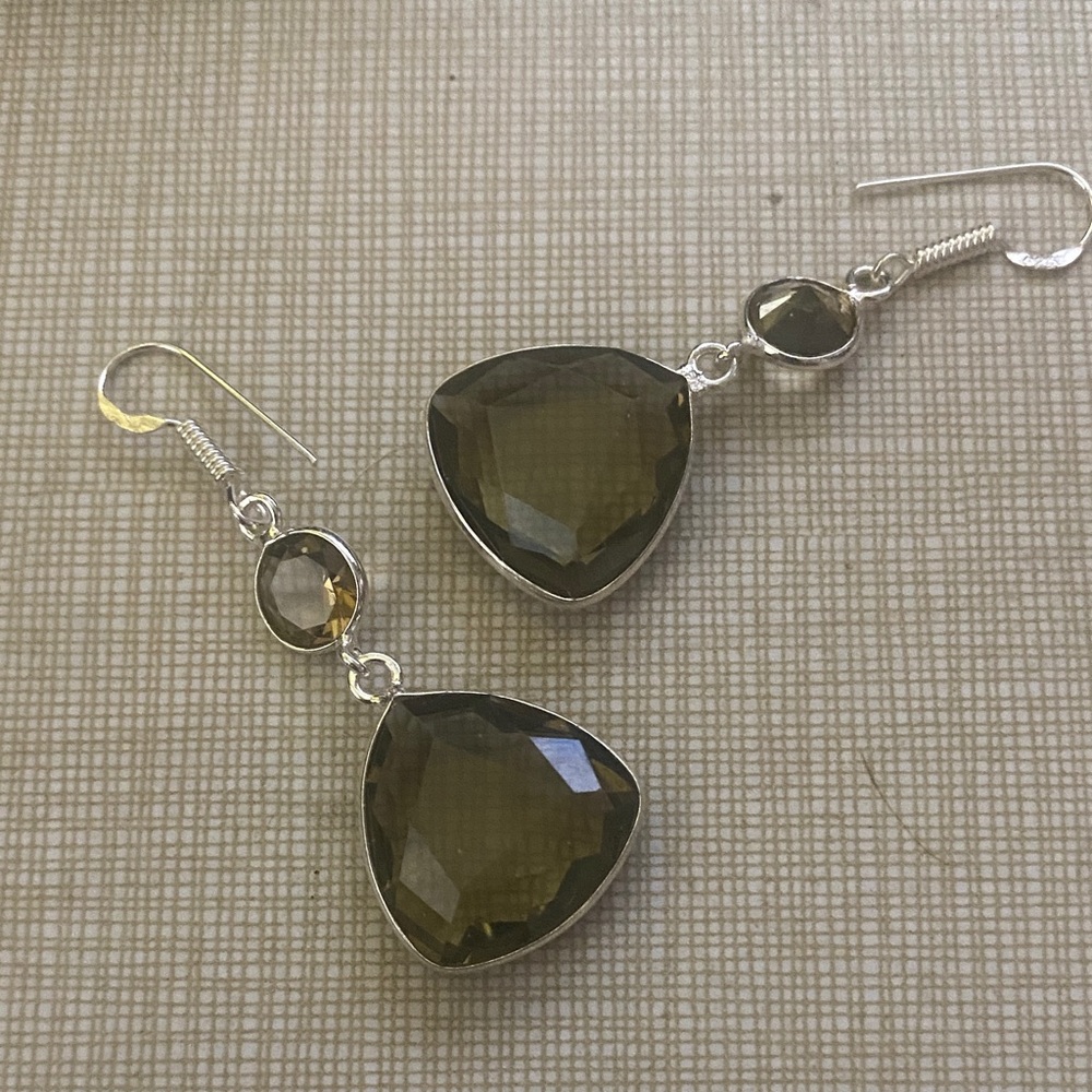 Two tone smoky quartz Artisan handcrafted Faceted Teardrop Dangle Earrings - - Picture 3 of 7